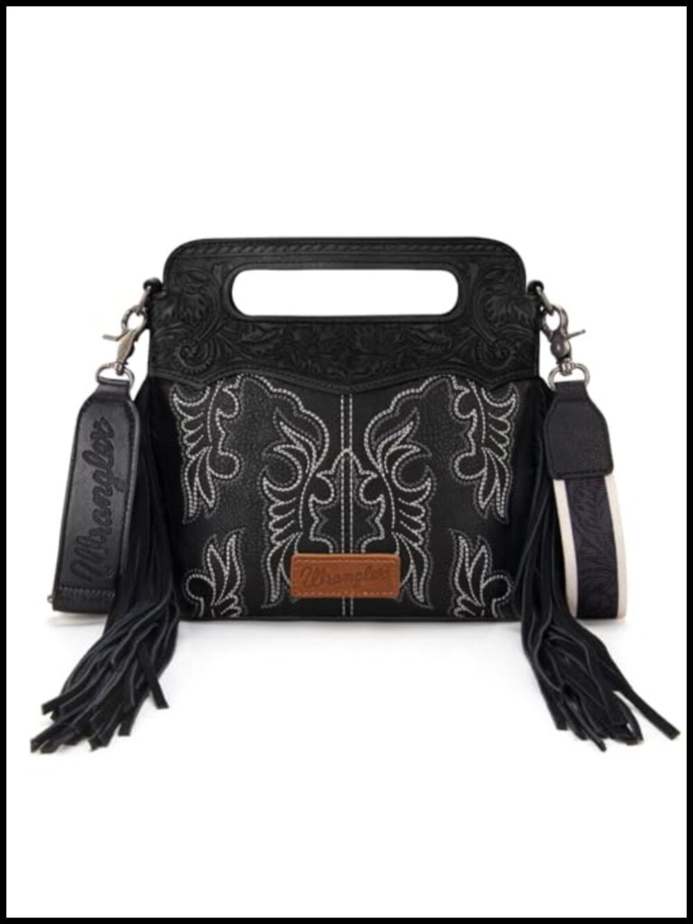 Faux Leather Embossed Crossbody Bag with Fringe Top Handle